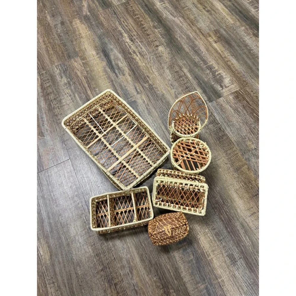 Vintage Wicker Rattan Miniature Furniture Basket Set 6pc Boho Peacock Chair Tray